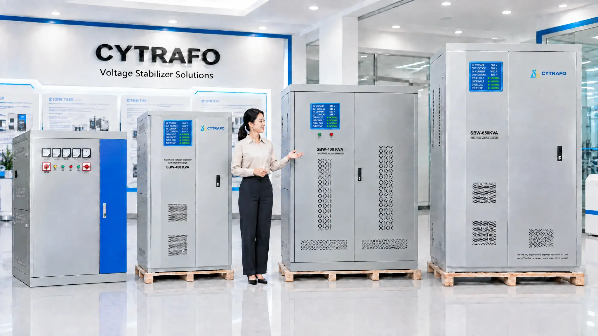 CYTRAFO industrial voltage stabilizer range in the product showroom