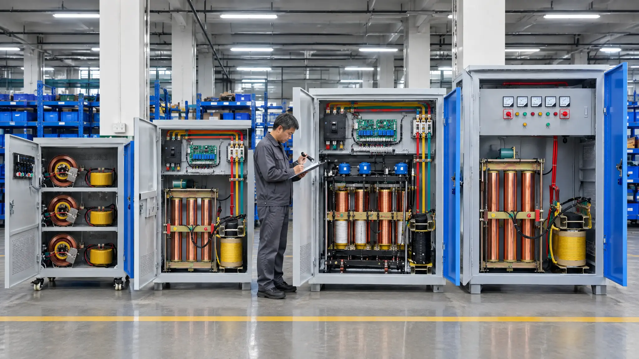 CYTRAFO voltage stabilizer factory product range with open cabinets